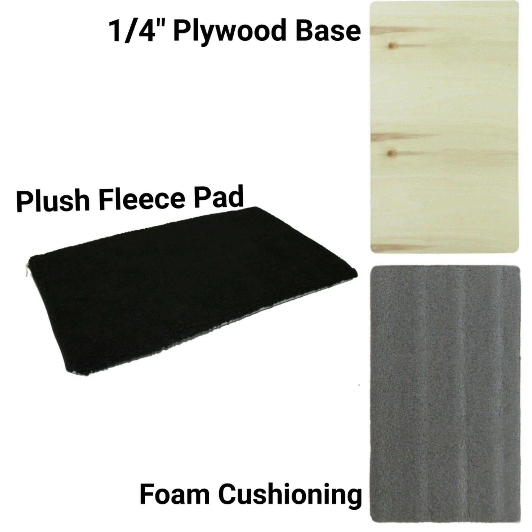 Soft-sided pet carrier inserts: plush fleece pad, foam cushioning, and 1/4 plywood base