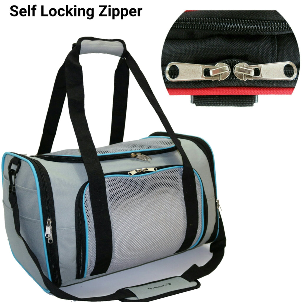 Deja Blue soft pet carrier with self-locking zipper and carry strap