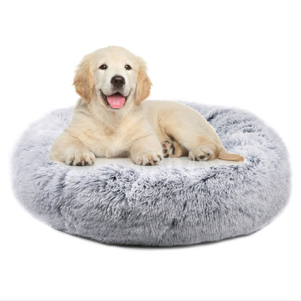 Round plush pet bed with light gray fuzzy nest and snowflake white two-tone ring