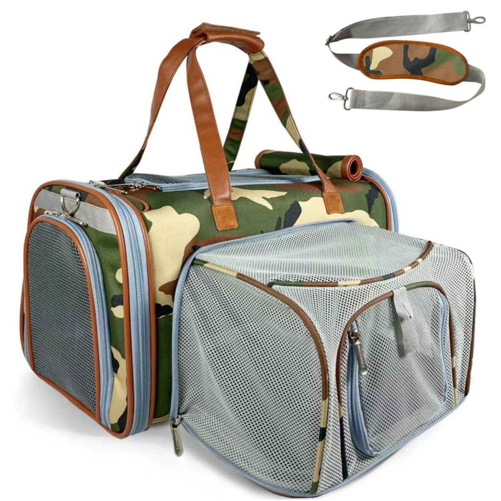 Expandable pet carrier with camo print, gray mesh front and brown top handles