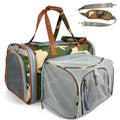 Expandable pet carrier with camo print, gray mesh front and brown top handles