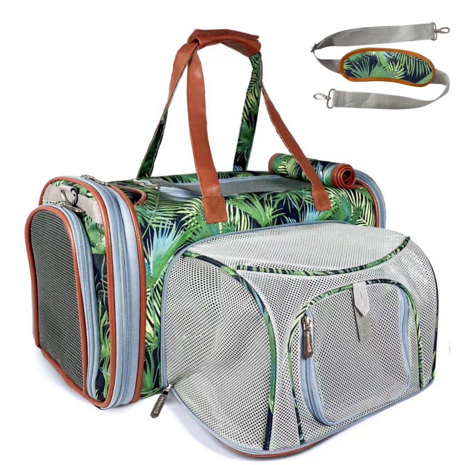Expandable pet carrier, tropical leaf print with mesh ventilation and brown handles