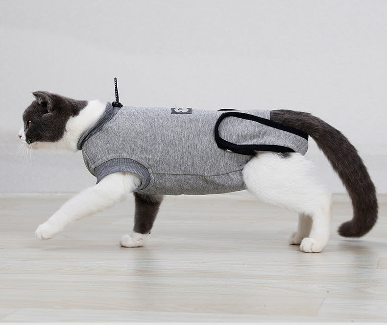 Gray cat recovery suit, side view, with black leg/arm openings and neck strap