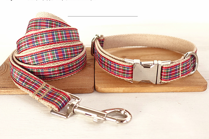 Red Tartan Plaid Dog Collar & Leash Set — Silver Hardware, XS–XL