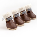 Brown dog snow boots with faux-fur cuff, hook-and-loop strap, and gripped sole