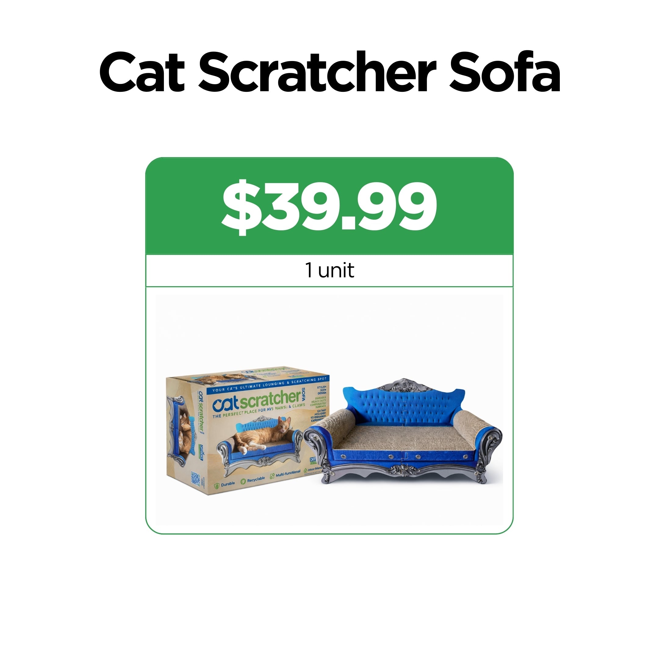 Cat scratcher sofa in retail box with blue couch and gray scratching areas