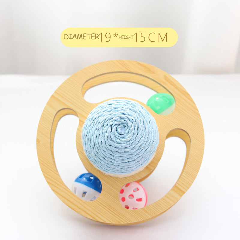 Light blue sisal rope cat scratcher ball toy with round wooden track and colorful toy balls