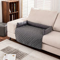 Quilted pet sofa cover mat with light gray bolsters, gray bed panel