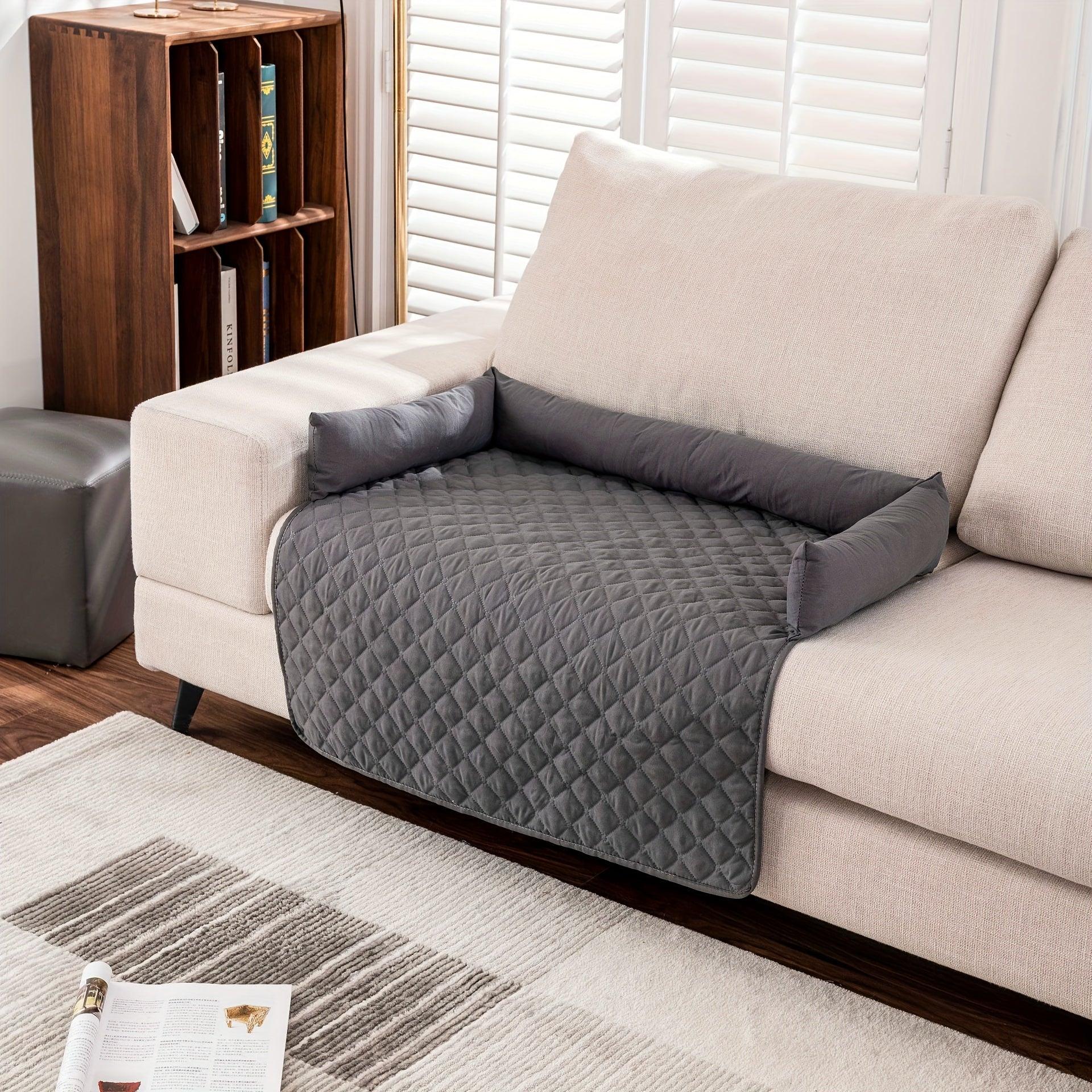 Quilted pet sofa cover mat with light gray bolsters, gray bed panel