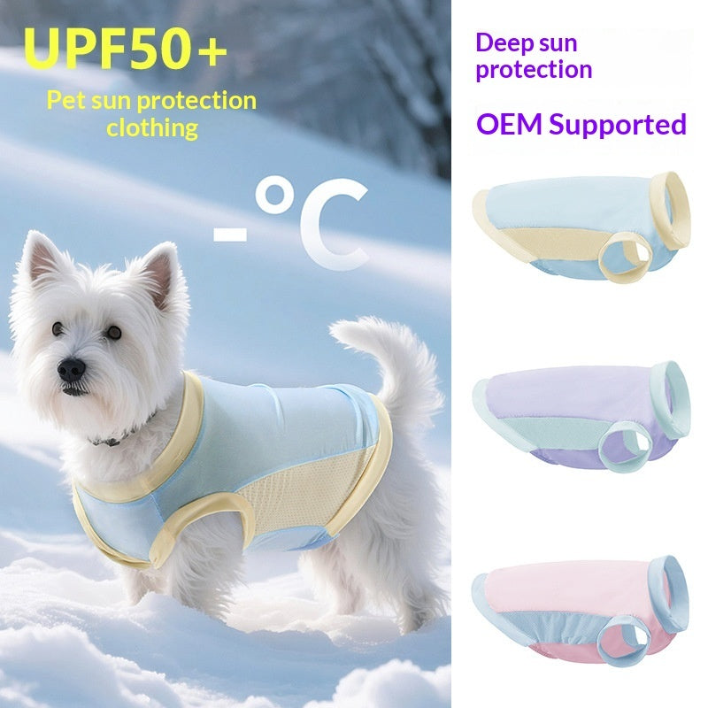 Light blue pet sun vest with beige mesh panel and circular leg holes, worn by dog
