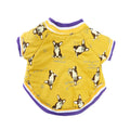 Yellow dog coat with dog-face print, purple striped trim, rounded hem