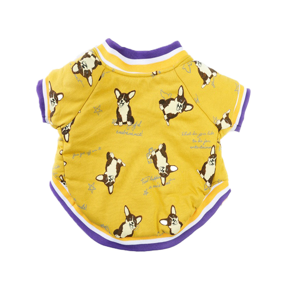 Yellow dog coat with dog-face print, purple striped trim, rounded hem