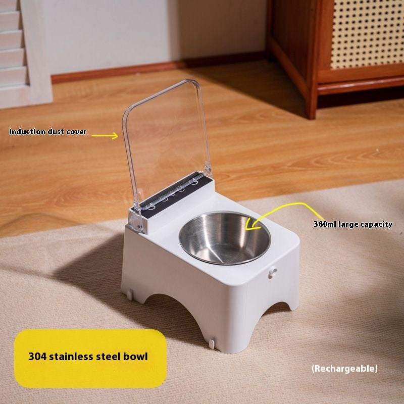 Automatic pet food feeder with open clear cover and stainless steel bowl, white base
