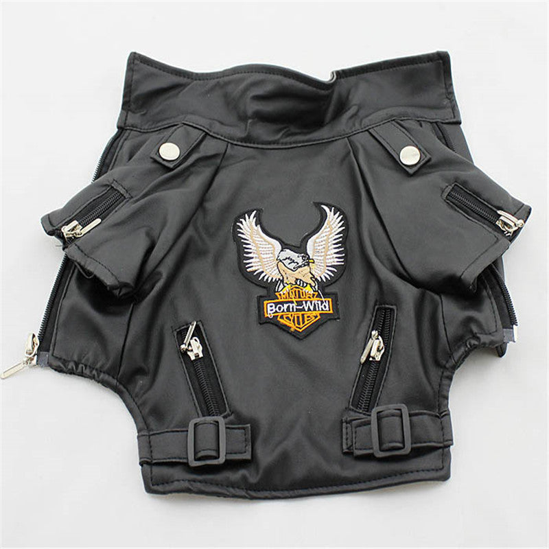 Pet dog leather-style jacket in black with embroidered eagle patch and front zipper pockets