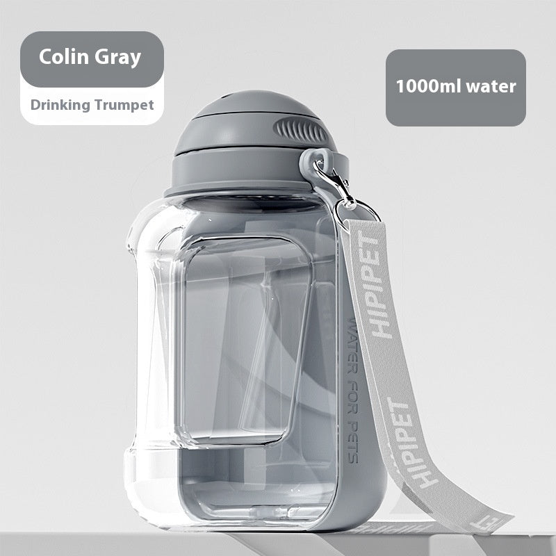 Grey portable 2-in-1 pet water dispenser with drinking spout, 1000ml water
