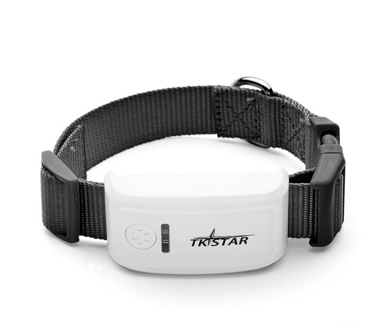 Waterproof GPS pet locator on black collar, white GPS box with metal ring