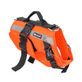 Orange reflective dog life jacket vest with front buckle and adjustable black straps