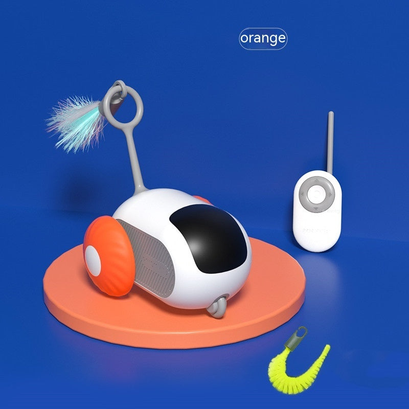 White and black automatic cat car toy with orange bumper and key-fob remote