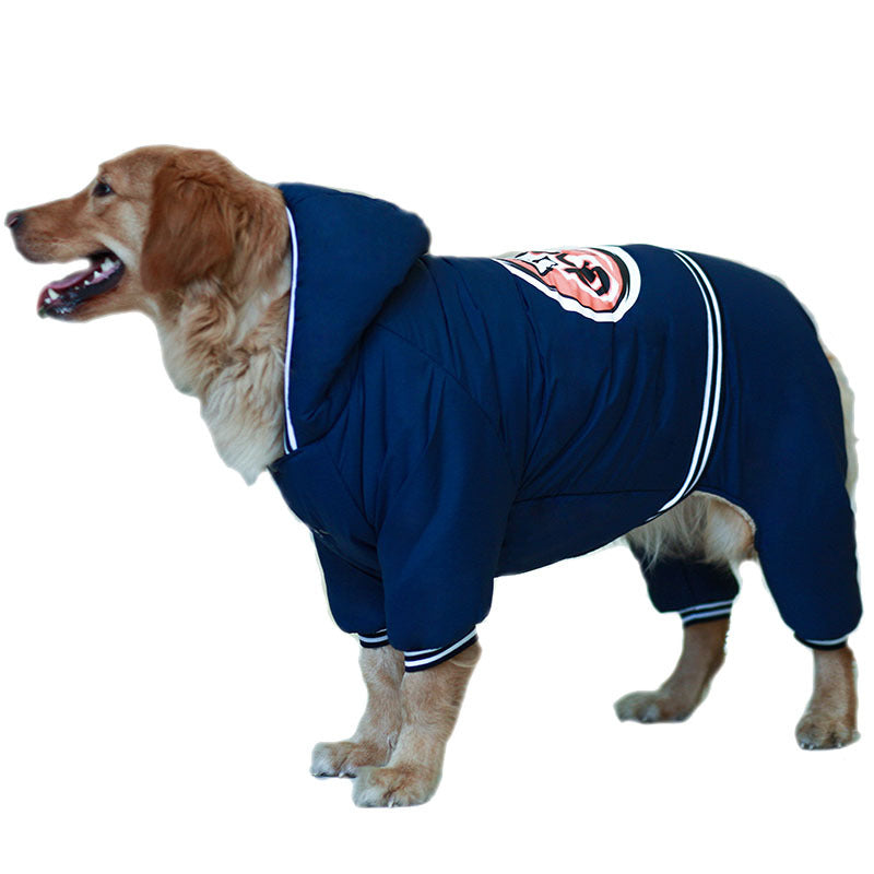 Navy padded dog jacket with striped cuffs and circular logo patch