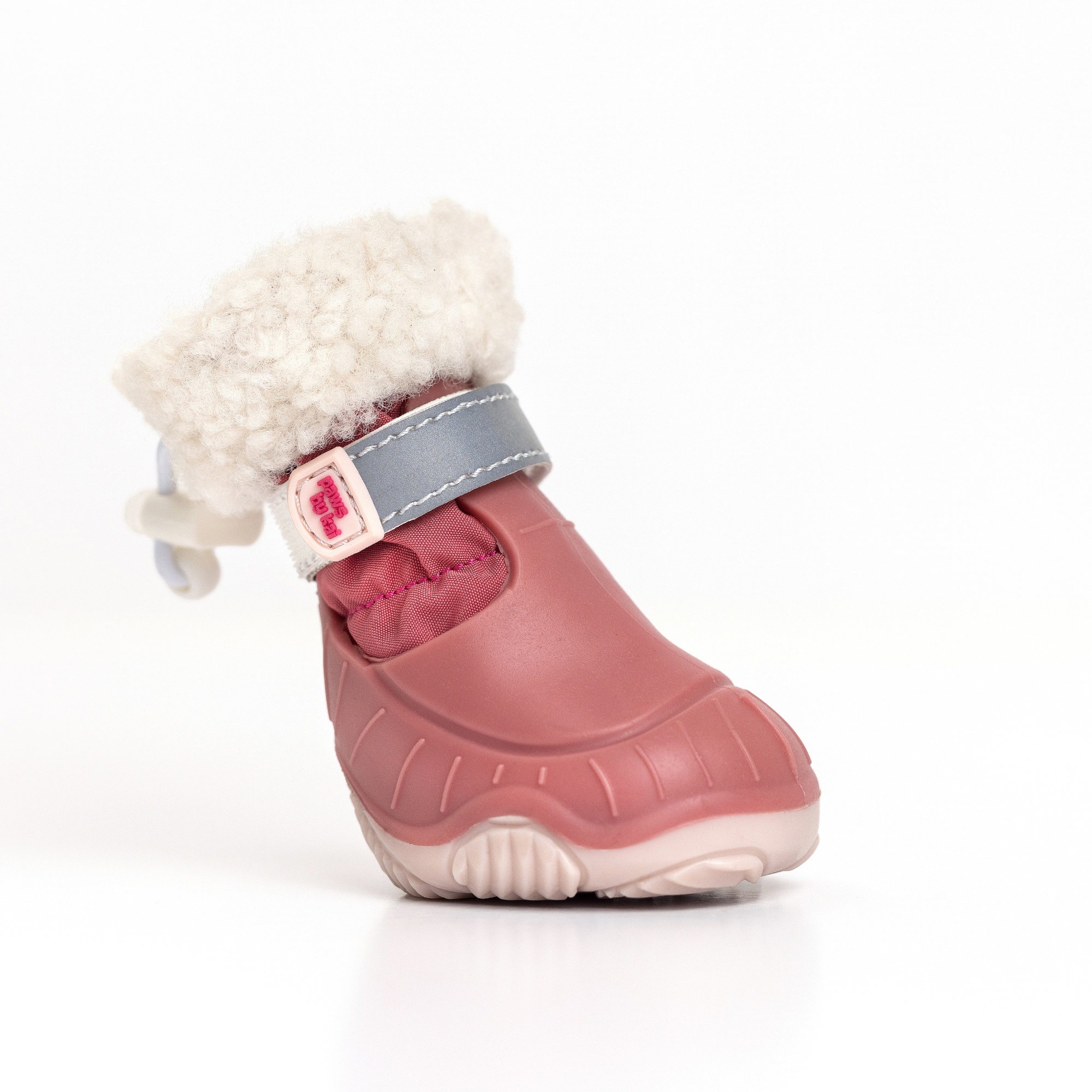 Pink dog snow boot single with faux-fur cuff, blue strap, and thick gripped sole
