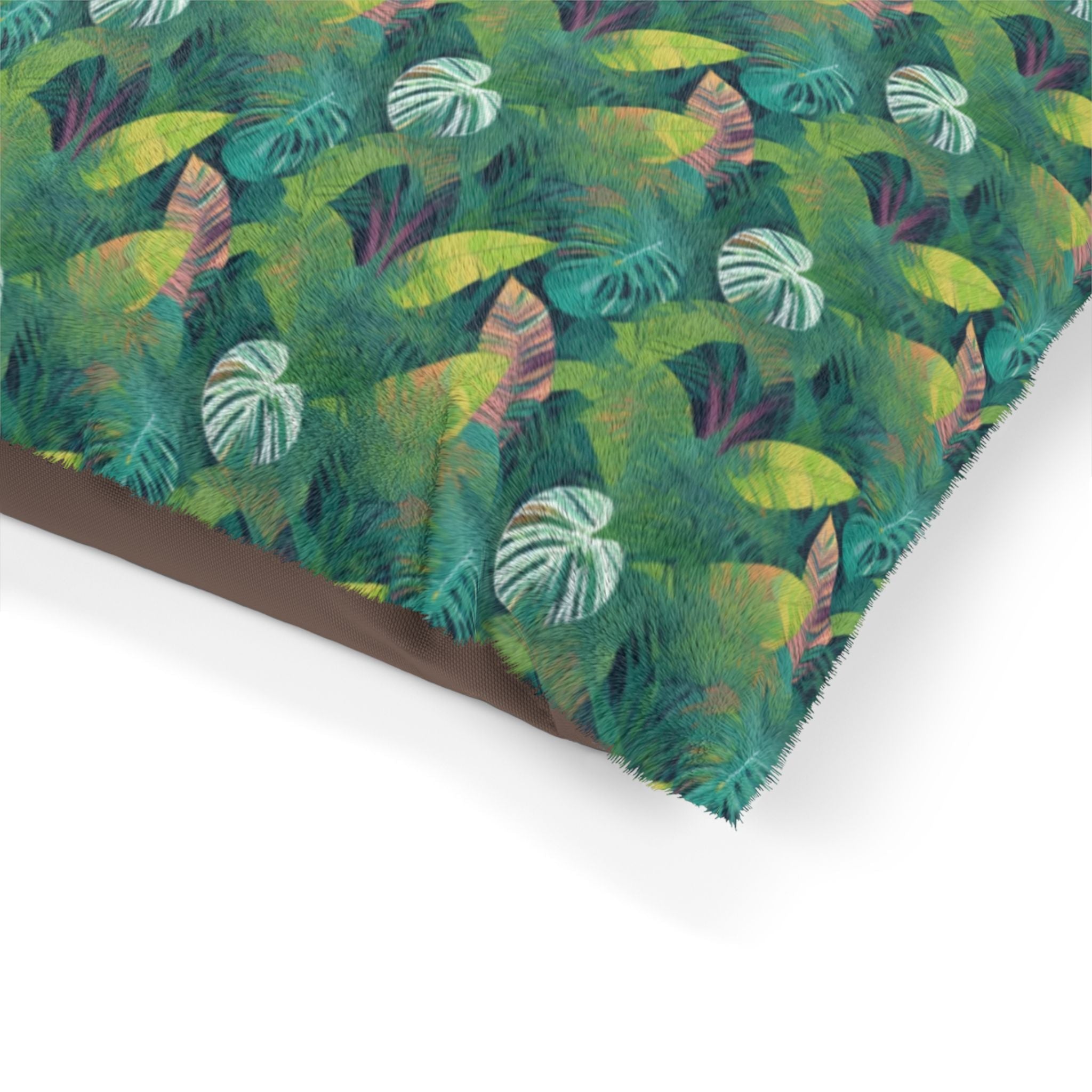 Emerald Canopy Tropical Leaves Pet Bed — Coral Fleece, Removable Cover, 40" × 30"
