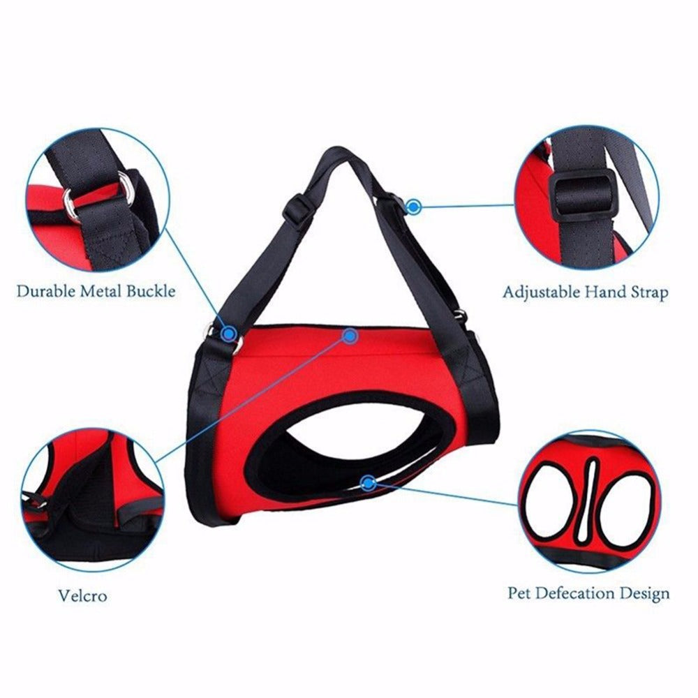 Red and black dog lifting sling with metal buckle, adjustable straps, and velcro