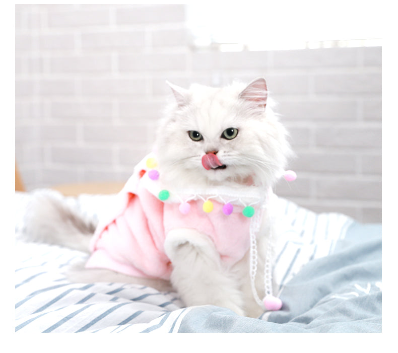 Lightweight pink pet hoodie with lace trim and multicolor pom-pom collar