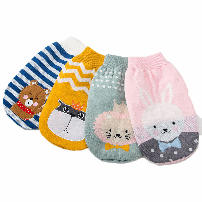 Set of five pet sweaters in blue, yellow, green, and pink with animal faces