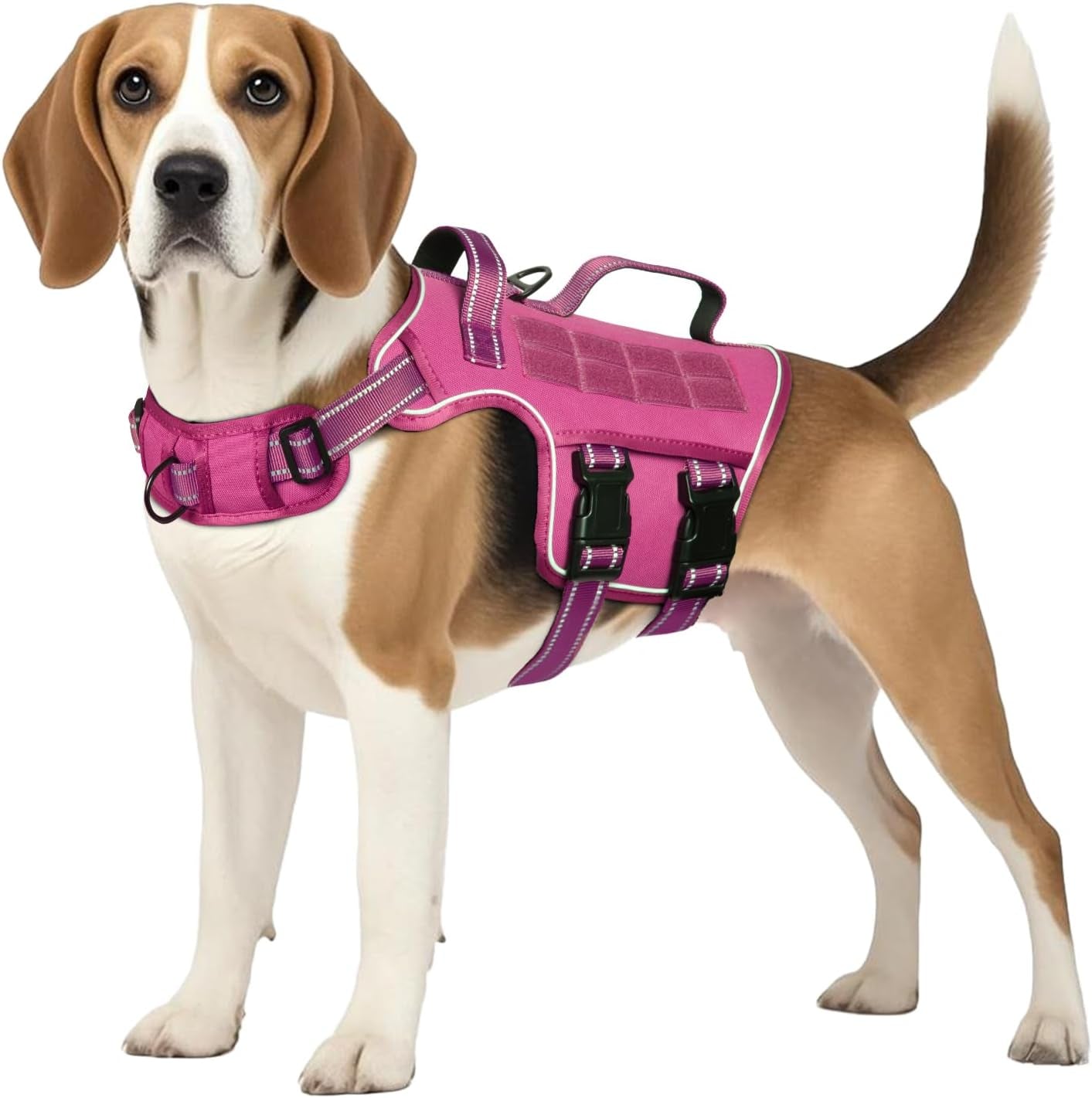 Dog tactical harness vest in pink with padded chest panel, front straps, and buckles