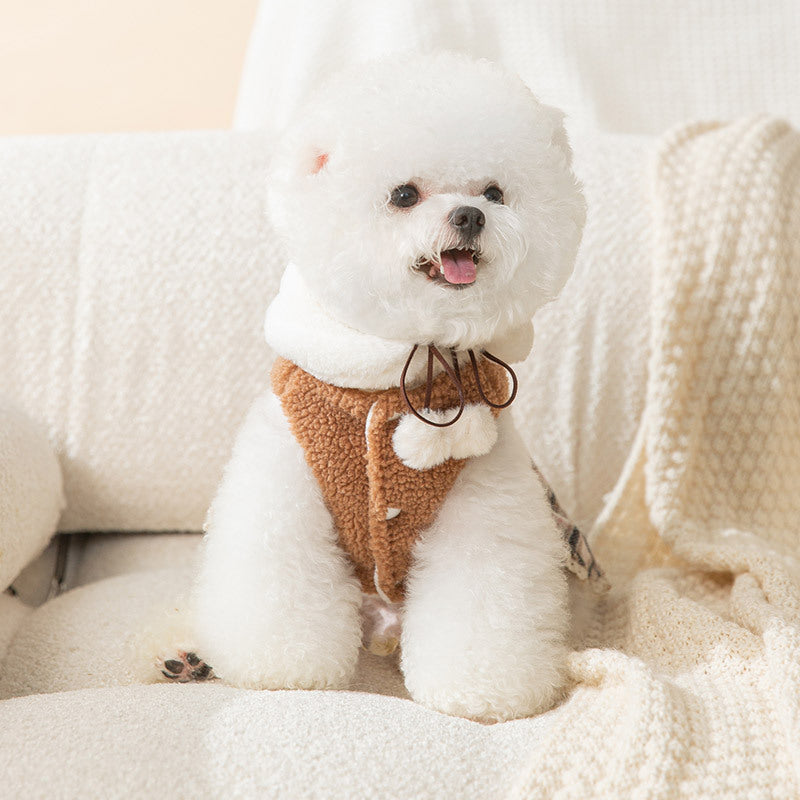 Puppy bear dress with white headpiece, brown bib, and plaid skirt