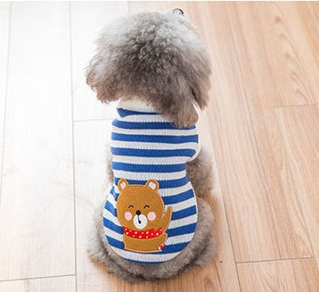 Blue striped knit pet sweater with bear-face patch on back