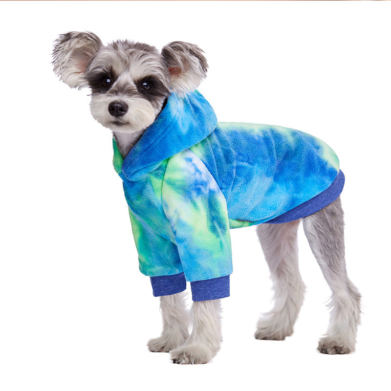 Tie-dye dog hoodie in blue, green, and pink with hood and ribbed blue cuffs