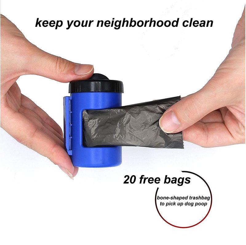Blue waste bag dispenser with bag roll loaded on retractable dog leash