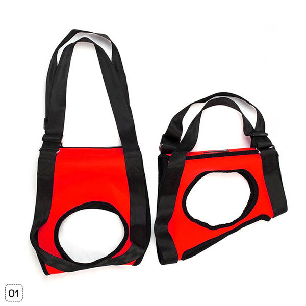 Red and black dog lifting sling with circular opening and padded single shoulder strap