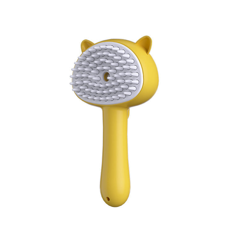 Yellow cat grooming slicker brush with gray pin bristles and curved handle