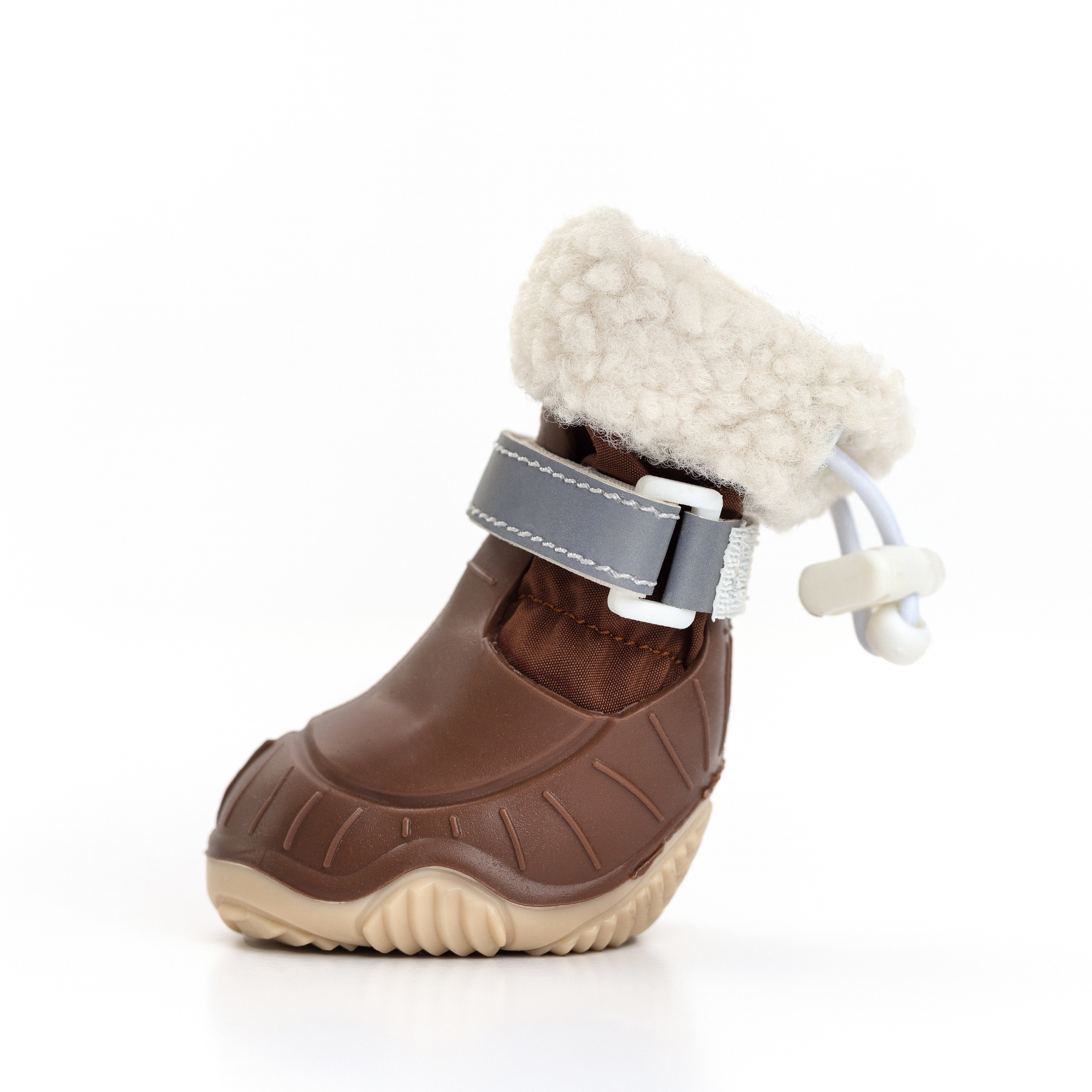 Brown dog snow boot side view with faux-fur cuff, hook strap, and textured sole