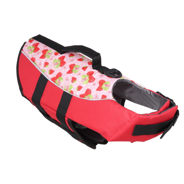 Red dog life jacket with black stripes and padded float collar, adjustable straps