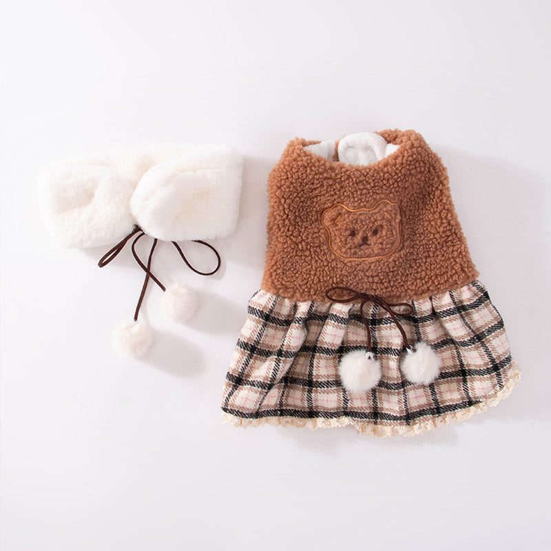Brown bear puppy dress with plaid skirt and white fuzzy collar, tied bow