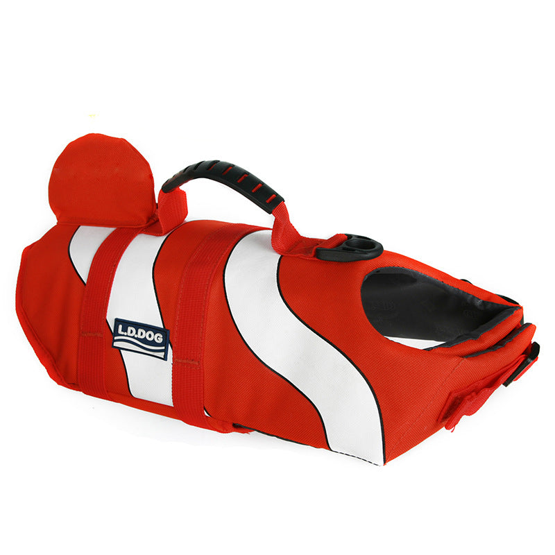 Red dog life jacket with white racing stripes, black handle and chest buckles