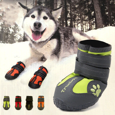 Grey pet dog shoes with neon green paw accents, strap closure, non-slip booties