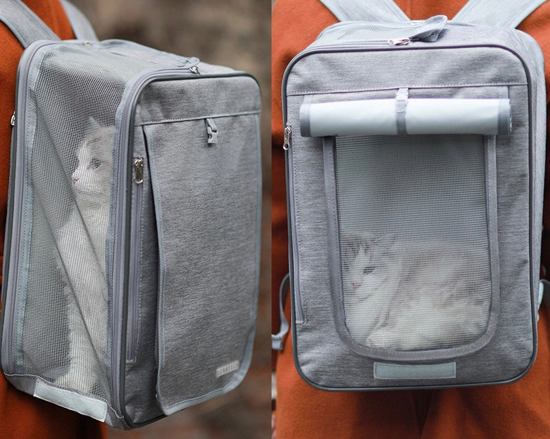 Gray pet carrier backpack with mesh side panel and zip front window