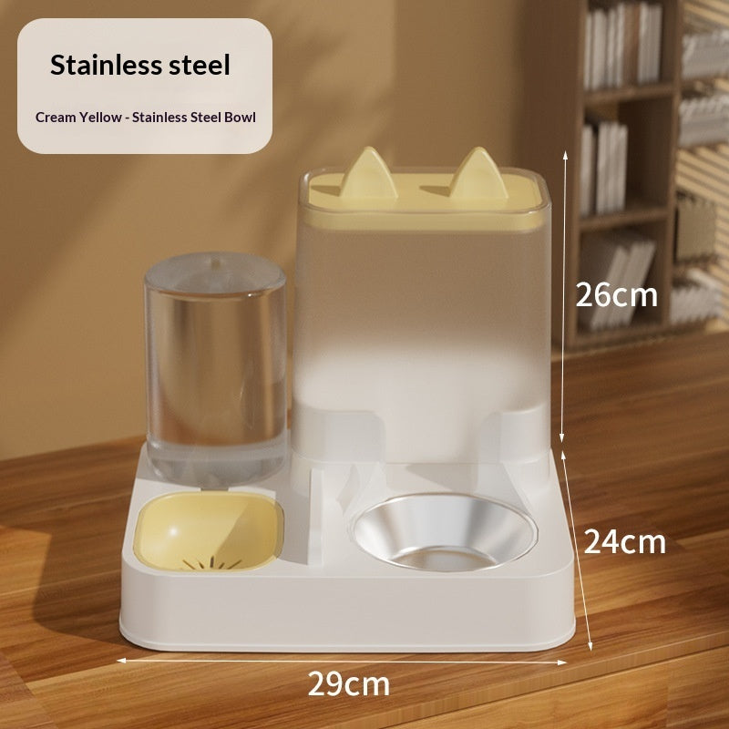 Automatic cat feeder and water dispenser combo bowl with stainless steel bowls and cream yellow lid