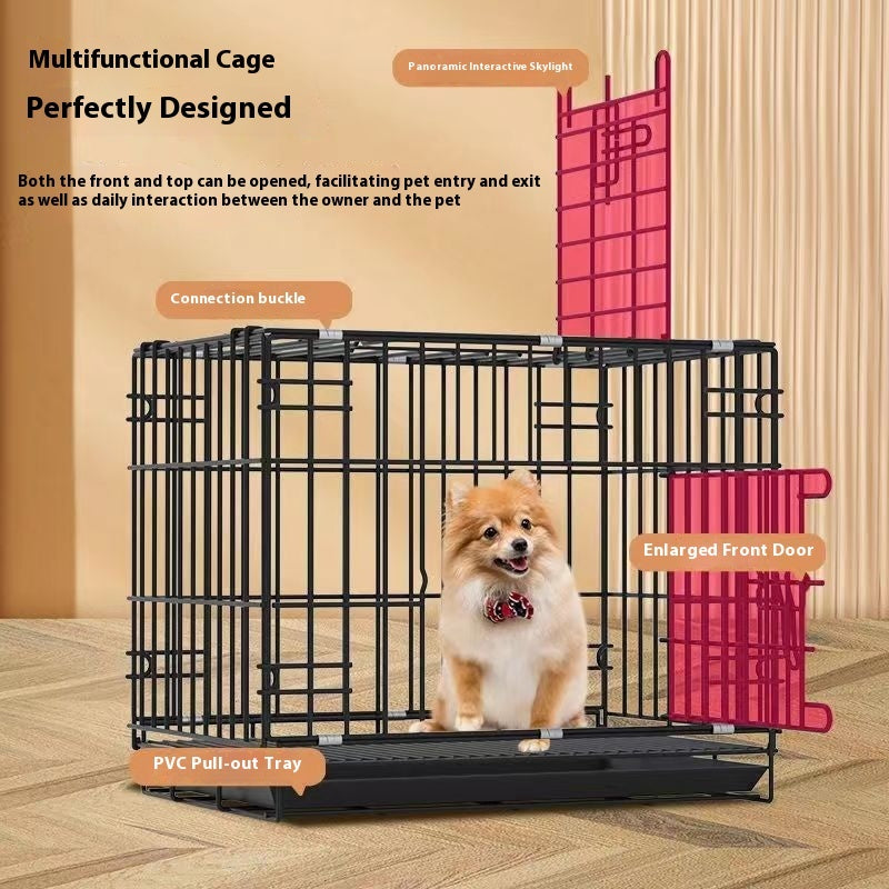 Black dog crate with open front door and pull-out tray, small dog sitting inside