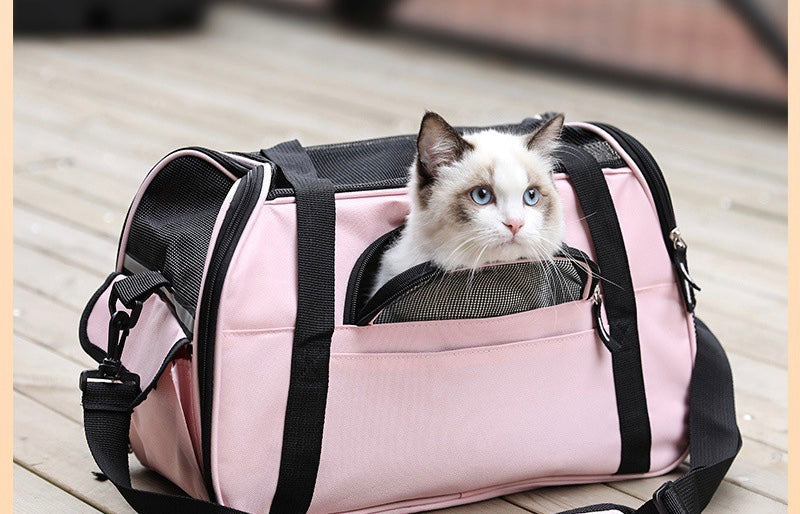 Pink pet carrier bag with mesh window, cat inside, front zip and shoulder strap
