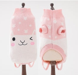 Pink knit pet sweater with bunny-face graphic and hood