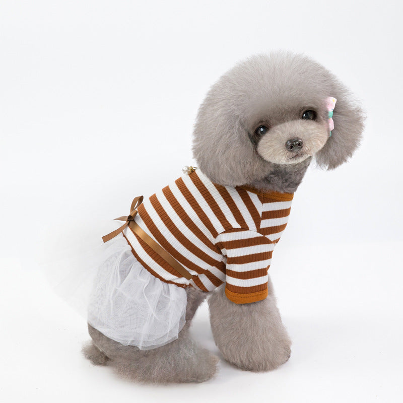 Coffee striped pet skirt with white tulle, bow tie, and small button at collar