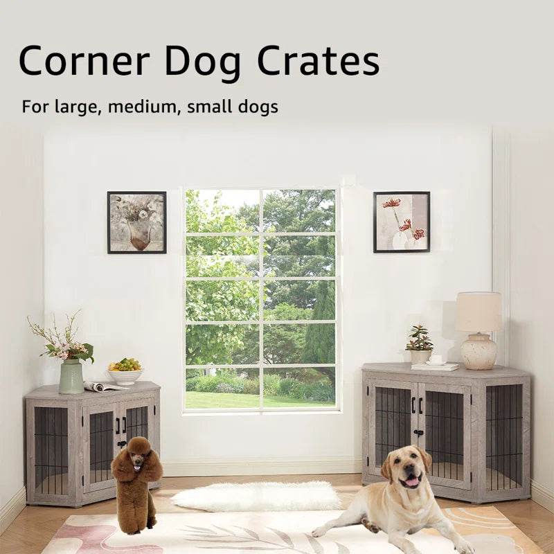 Two corner dog crates with cushion, light wood finish and wire-panel doors