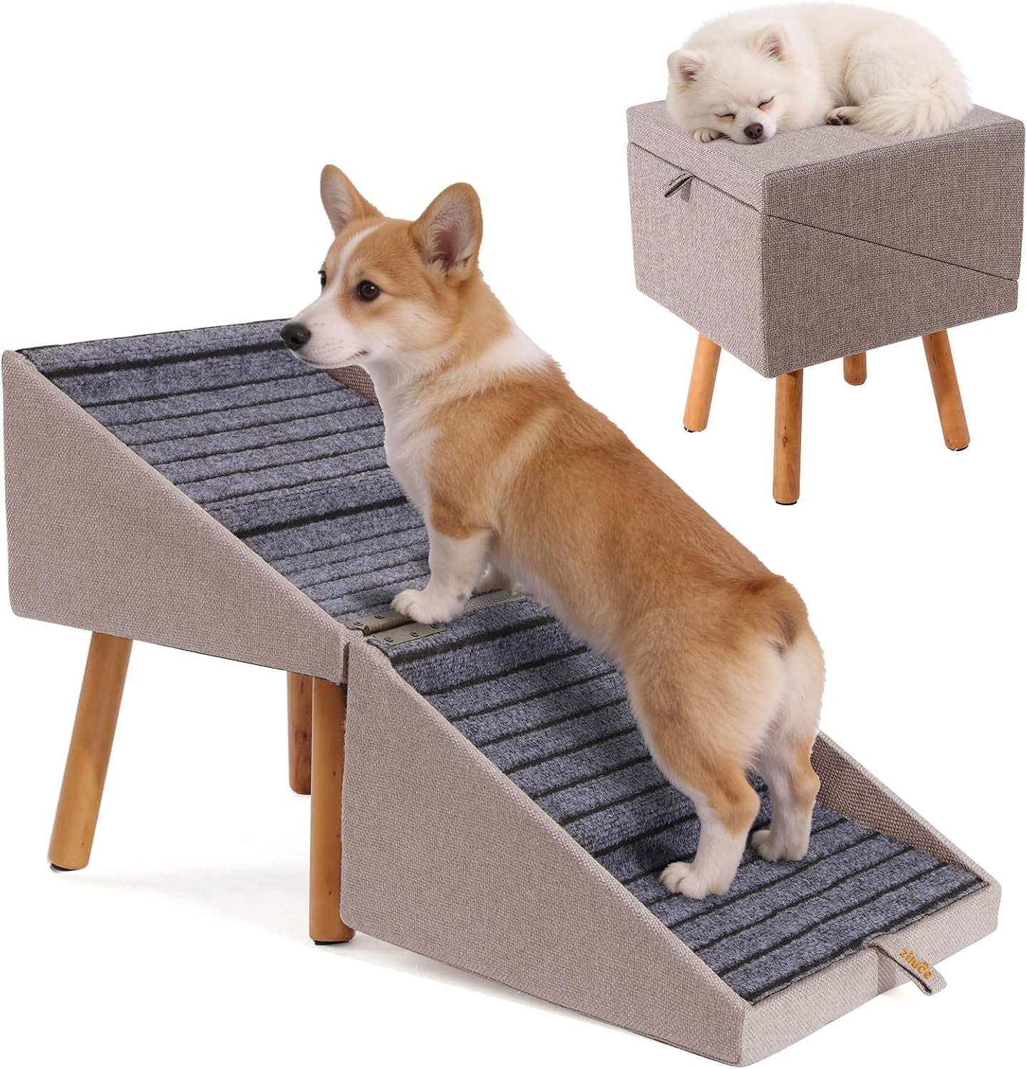 2-in-1 foldable dog stairs & ottoman in light beige with gray non-slip steps, pet resting