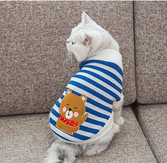 Blue striped pet sweater with a cartoon animal patch on the front