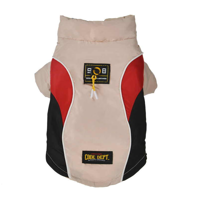 Beige cotton pet top front view with red side panels, black accents, logo patch